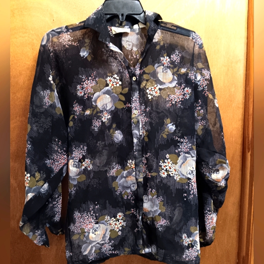 Stuart Lang Floral Black Sheer Women's Shirt